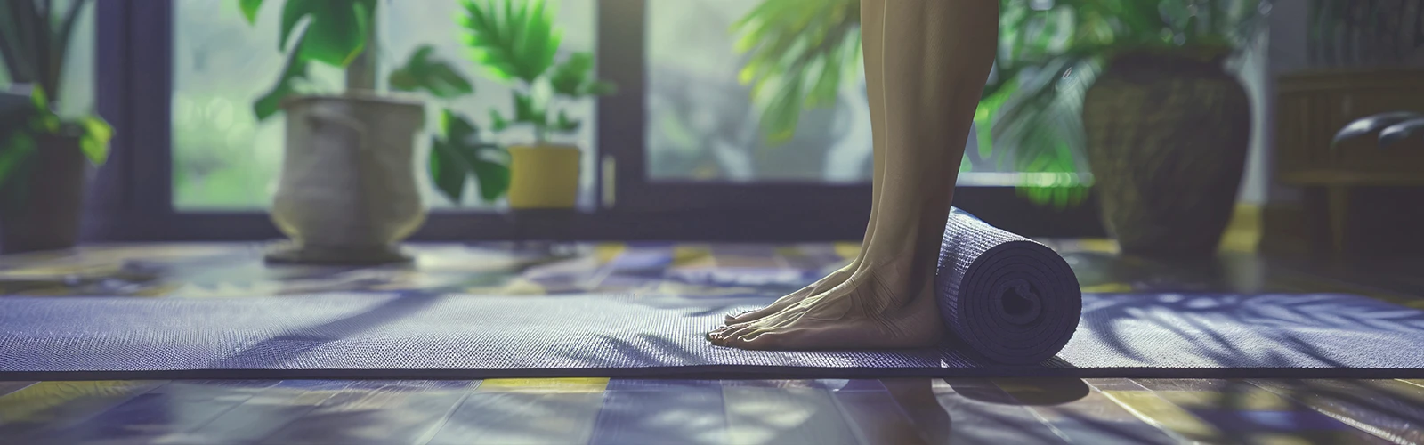 Frau steht auf Yogamatte Frau steht auf Yogamatte