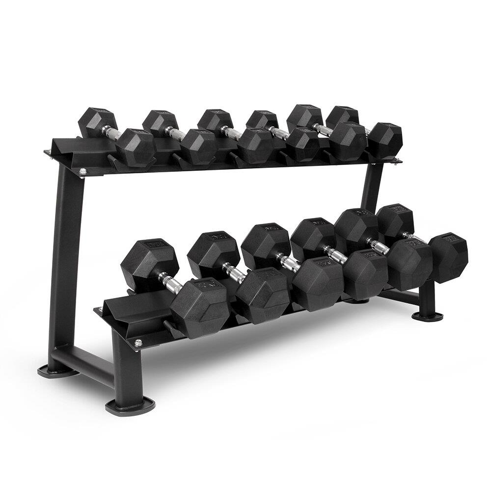 Dumbbell rack with hex dumbbells